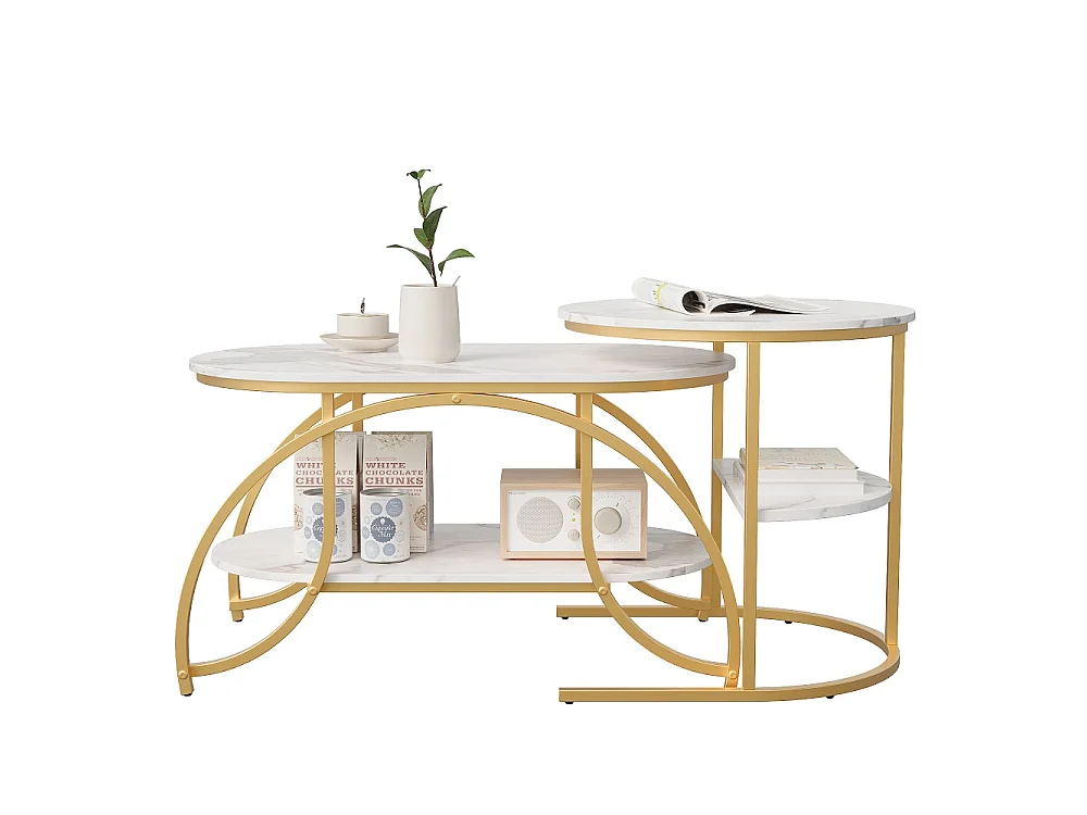 Table basse de 2 pièces - ronde + ovale table latérale avec espace de stockage - marbre-texturé haut métal jambes table d'extrémité - or