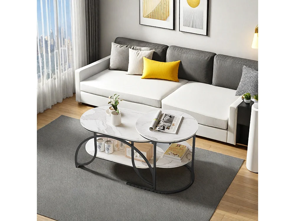 Table basse 2pcs - ronde + ovale table latérale avec espace de stockage - marbre-texturé haut métal jambes table d'extrémité - noir