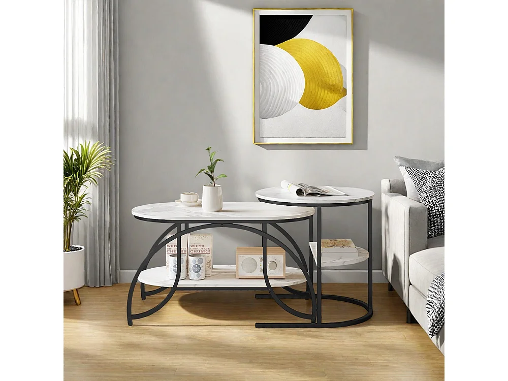 Table basse 2pcs - ronde + ovale table latérale avec espace de stockage - marbre-texturé haut métal jambes table d'extrémité - noir