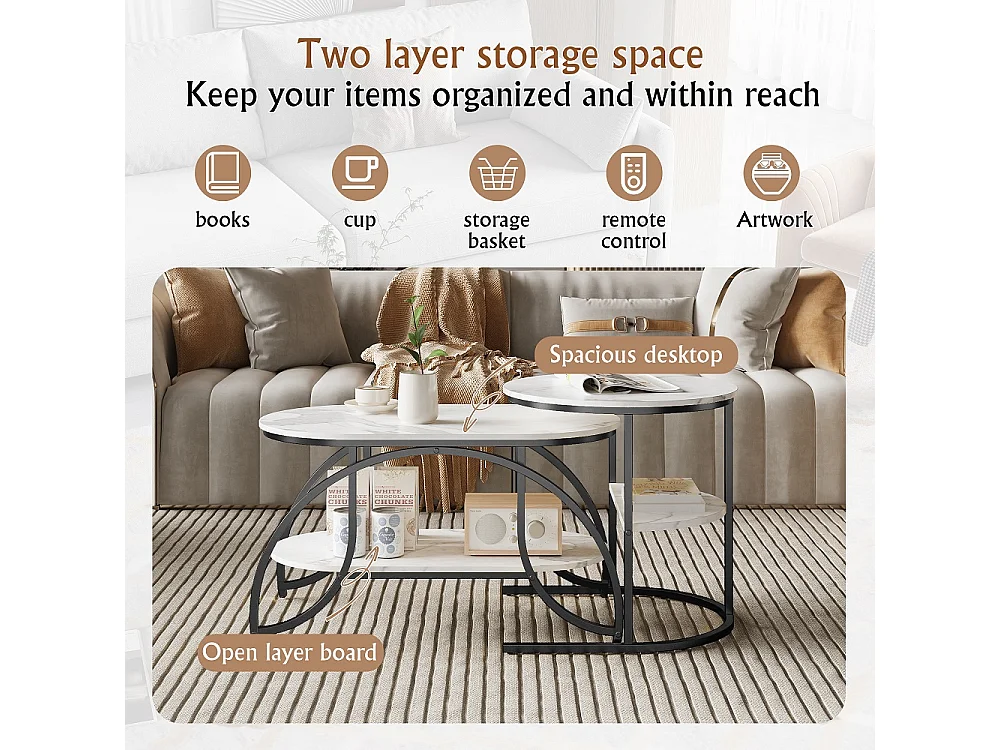 Table basse 2pcs - ronde + ovale table latérale avec espace de stockage - marbre-texturé haut métal jambes table d'extrémité - noir