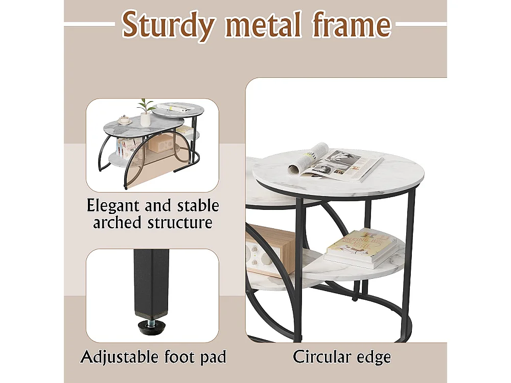 Table basse 2pcs - ronde + ovale table latérale avec espace de stockage - marbre-texturé haut métal jambes table d'extrémité - noir