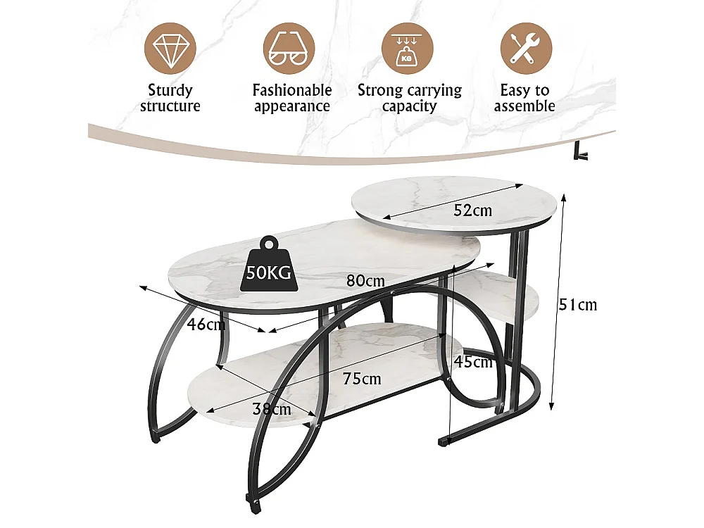 Table basse 2pcs - ronde + ovale table latérale avec espace de stockage - marbre-texturé haut métal jambes table d'extrémité - noir