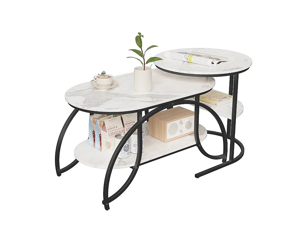 Table basse 2pcs - ronde + ovale table latérale avec espace de stockage - marbre-texturé haut métal jambes table d'extrémité - noir