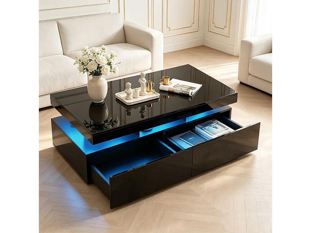 Table basse - 104 x 53 x 46 cm - Table latérale haute brillance avec LED - 2 tiroirs tiroirs et espace de rangement ouvert - Noir
