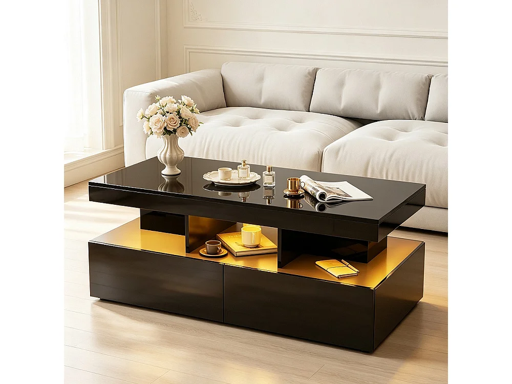 Table basse - 104 x 53 x 46 cm - Table latérale haute brillance avec LED - 2 tiroirs tiroirs et espace de rangement ouvert - Noir