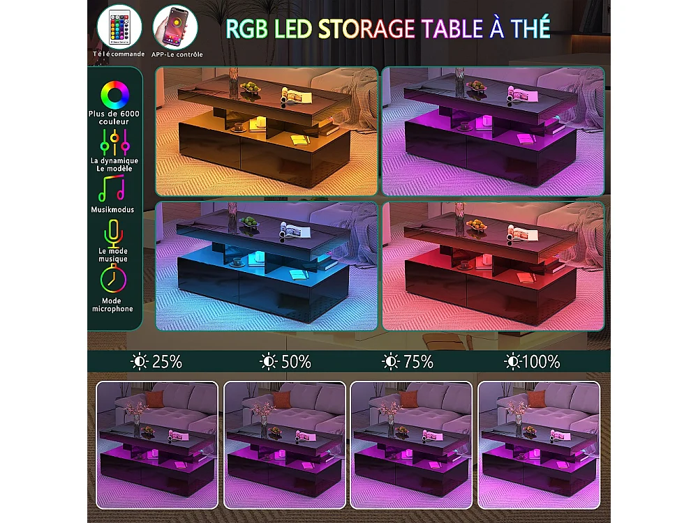 Table basse - 104 x 53 x 46 cm - Table latérale haute brillance avec LED - 2 tiroirs tiroirs et espace de rangement ouvert - Noir