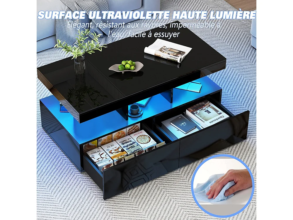 Table basse - 104 x 53 x 46 cm - Table latérale haute brillance avec LED - 2 tiroirs tiroirs et espace de rangement ouvert - Noir