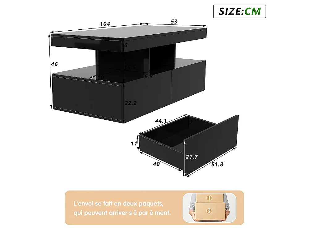 Table basse - 104 x 53 x 46 cm - Table latérale haute brillance avec LED - 2 tiroirs tiroirs et espace de rangement ouvert - Noir