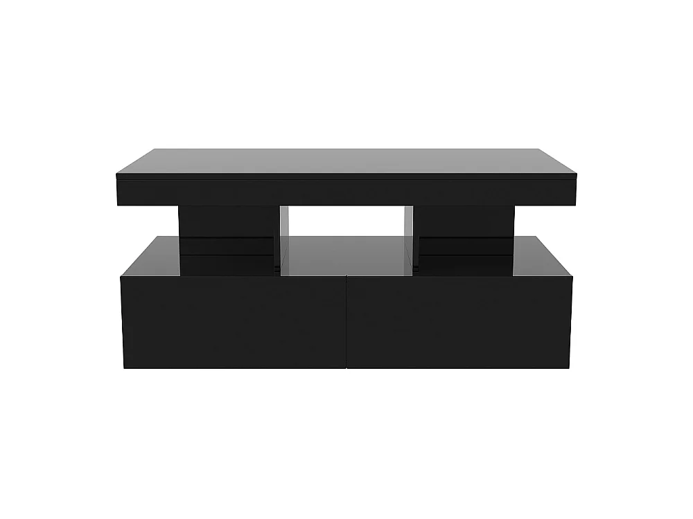 Table basse - 104 x 53 x 46 cm - Table latérale haute brillance avec LED - 2 tiroirs tiroirs et espace de rangement ouvert - Noir