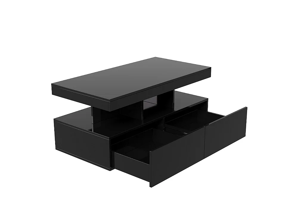 Table basse - 104 x 53 x 46 cm - Table latérale haute brillance avec LED - 2 tiroirs tiroirs et espace de rangement ouvert - Noir