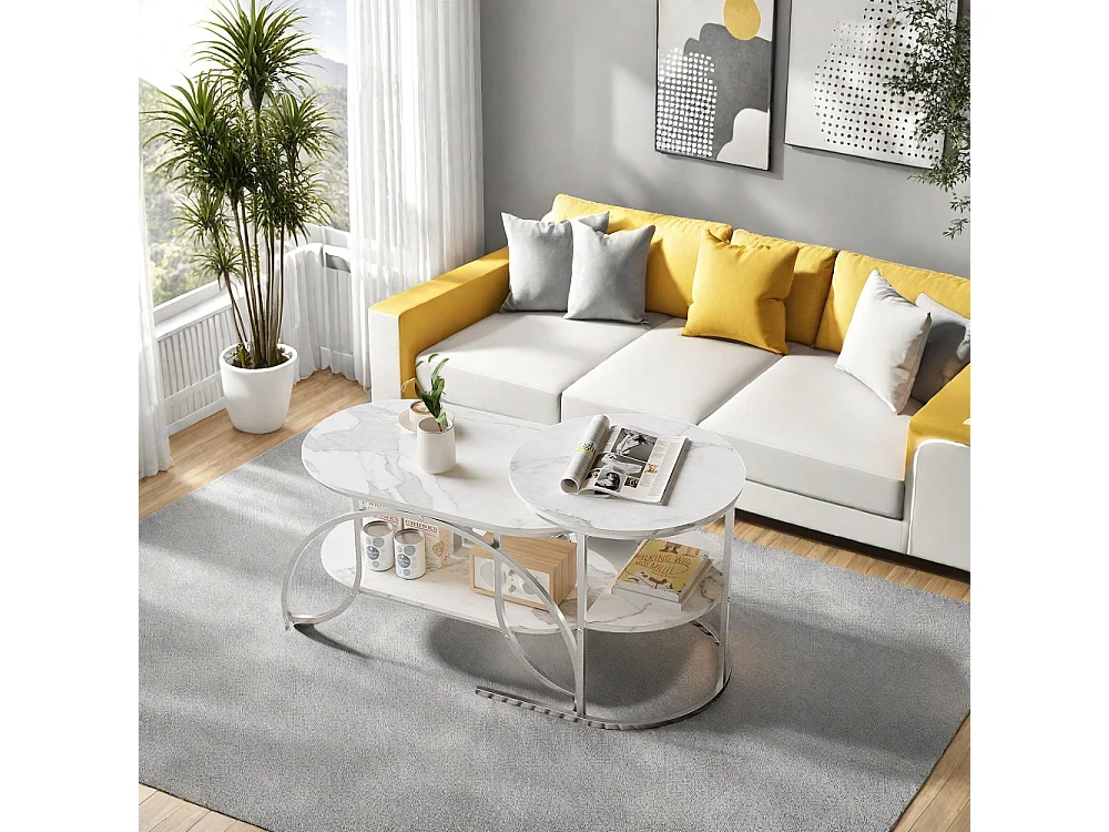 Table basse 2pcs - ronde + ovale table latérale avec espace de stockage - marbre-texturé haut métal jambes table d'extrémité - argent
