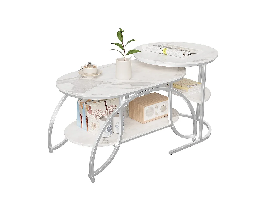 Table basse 2pcs - ronde + ovale table latérale avec espace de stockage - marbre-texturé haut métal jambes table d'extrémité - argent