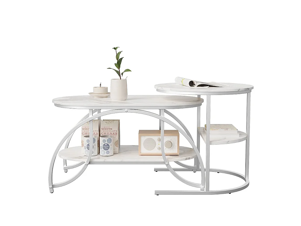 Table basse 2pcs - ronde + ovale table latérale avec espace de stockage - marbre-texturé haut métal jambes table d'extrémité - argent