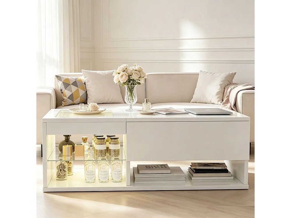 Table basse Lift - 100x 55 x 33 cm - Table à thé Highlight avec LED et rangement ouvert et compartiment caché - Blanc