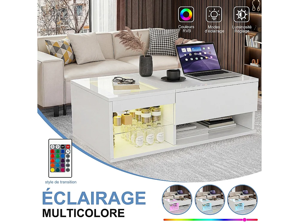 Table basse Lift - 100x 55 x 33 cm - Table à thé Highlight avec LED et rangement ouvert et compartiment caché - Blanc