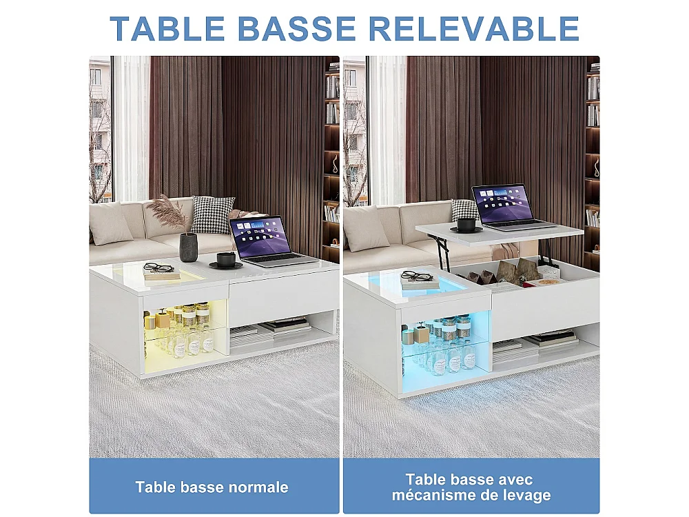 Table basse Lift - 100x 55 x 33 cm - Table à thé Highlight avec LED et rangement ouvert et compartiment caché - Blanc