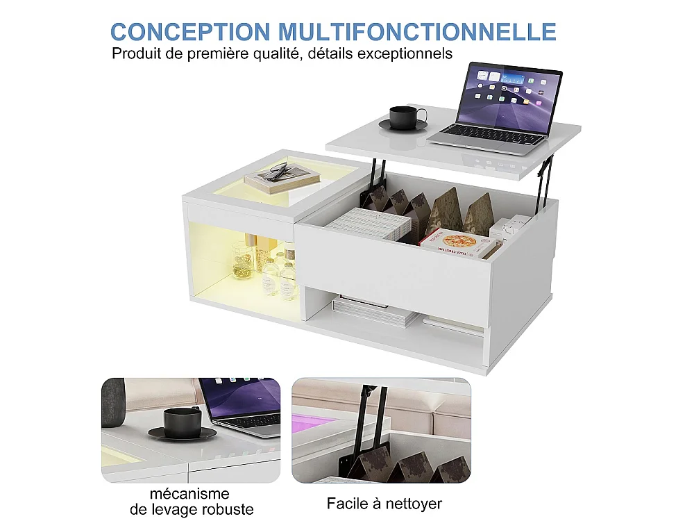 Table basse Lift - 100x 55 x 33 cm - Table à thé Highlight avec LED et rangement ouvert et compartiment caché - Blanc