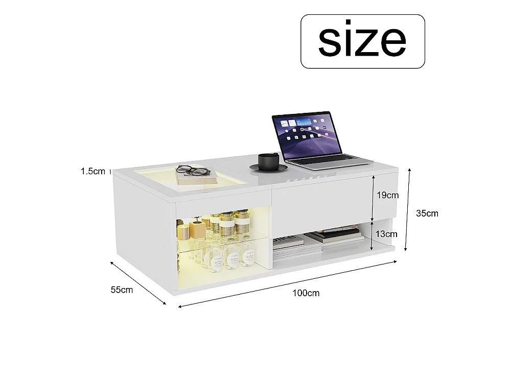 Table basse Lift - 100x 55 x 33 cm - Table à thé Highlight avec LED et rangement ouvert et compartiment caché - Blanc