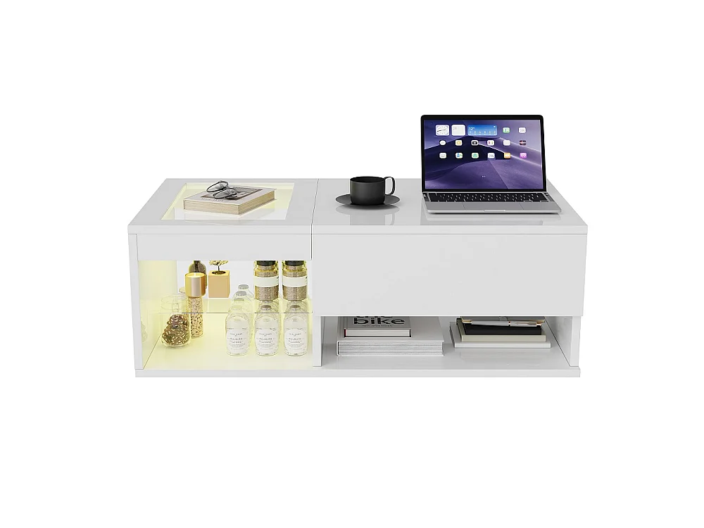 Table basse Lift - 100x 55 x 33 cm - Table à thé Highlight avec LED et rangement ouvert et compartiment caché - Blanc