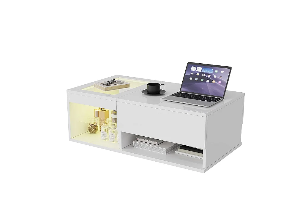 Table basse Lift - 100x 55 x 33 cm - Table à thé Highlight avec LED et rangement ouvert et compartiment caché - Blanc