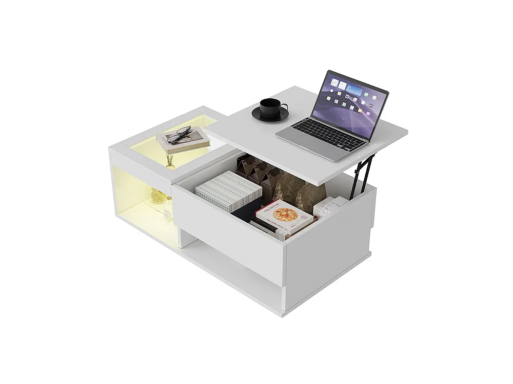 Table basse Lift - 100x 55 x 33 cm - Table à thé Highlight avec LED et rangement ouvert et compartiment caché - Blanc