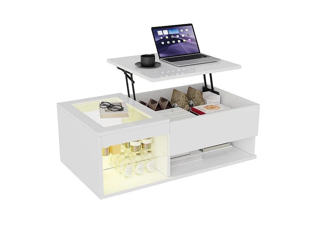 Table basse Lift - 100x 55 x 33 cm - Table à thé Highlight avec LED et rangement ouvert et compartiment caché - Blanc