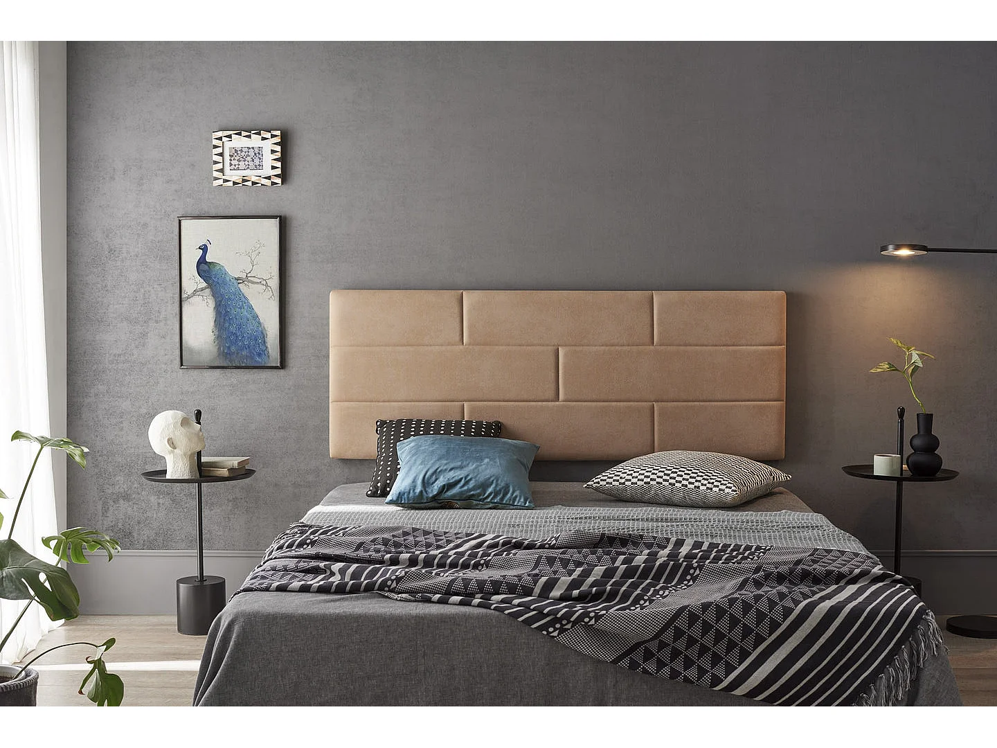 Cabecero de Cama 100 Muro Ladrillos Tela Antimanchas 112x57x5cm Camel Claro