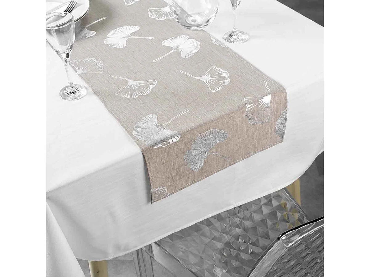 Nappe & Chemin de Table "Euphoria" 140x250cm Blanc & Noisette