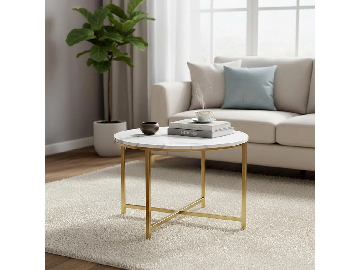 Table Basse Ronde Effet Marbre "Alba" 60cm Or