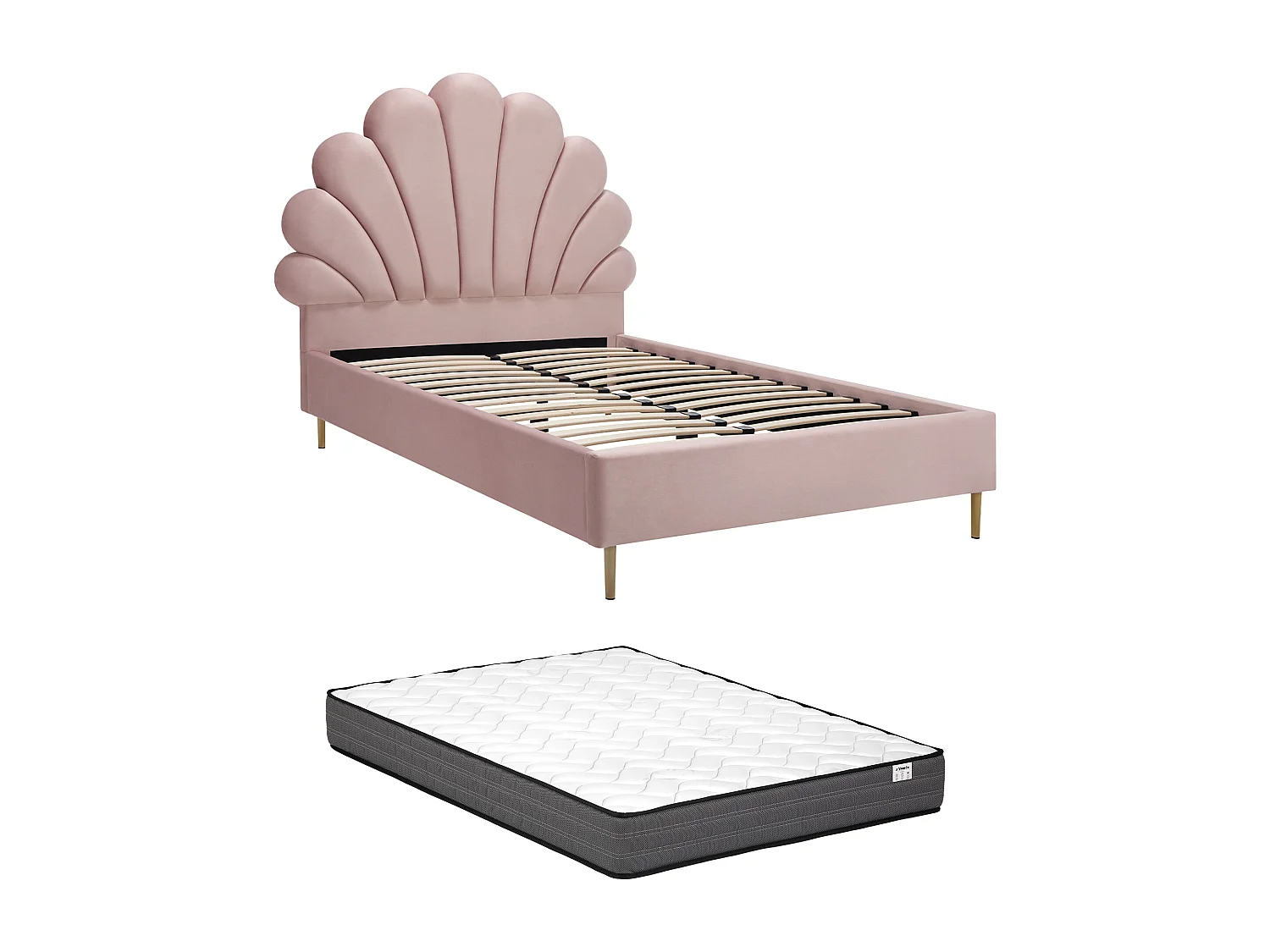 Lit coquillage 120 x 190 cm - Velours - Rose + Matelas - LIVAYA