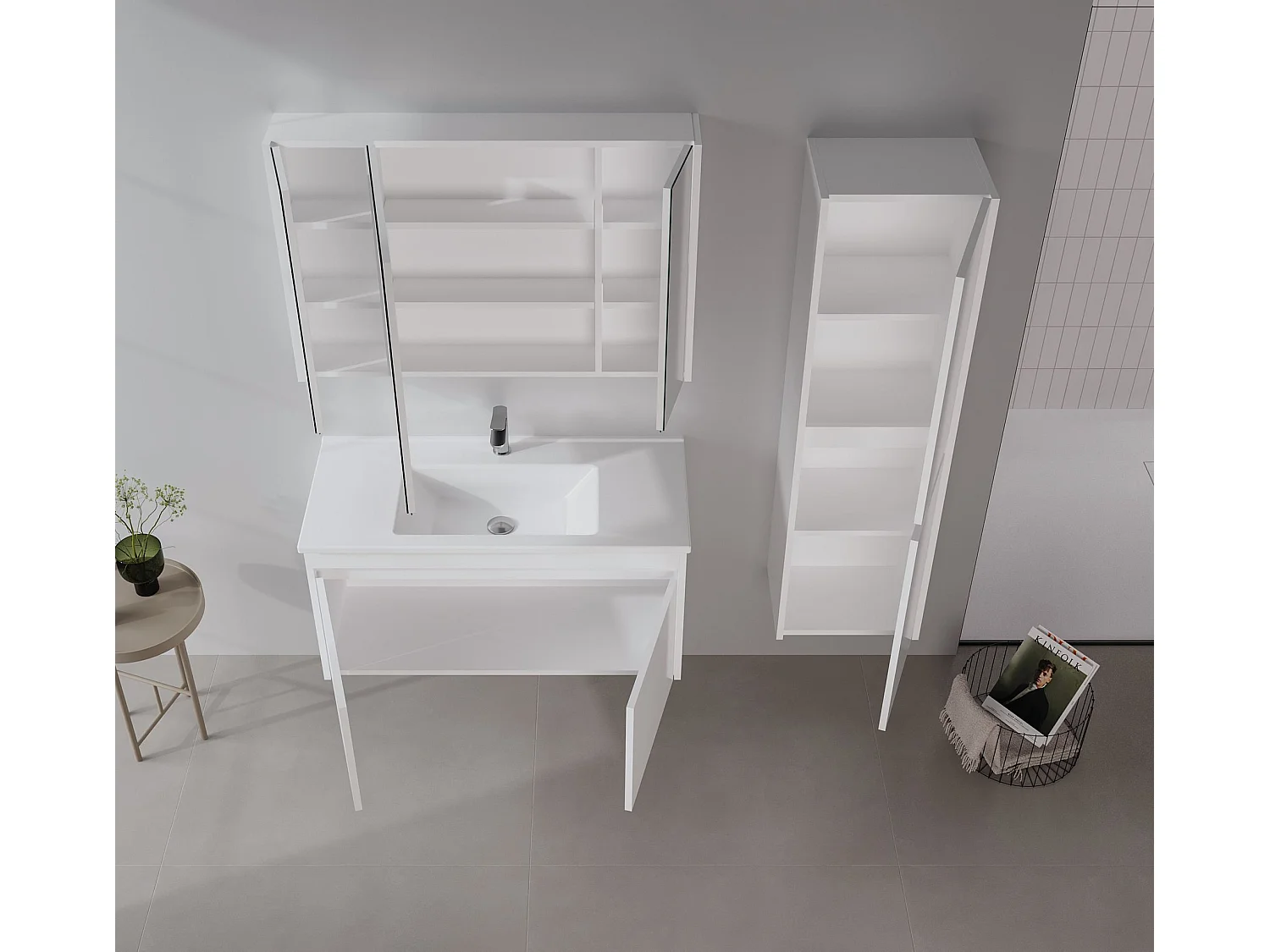 "Arno 100" Vit tvättställsskåp - Modern design, Keramiskt handfat, Blank finish, Väggmonterbar