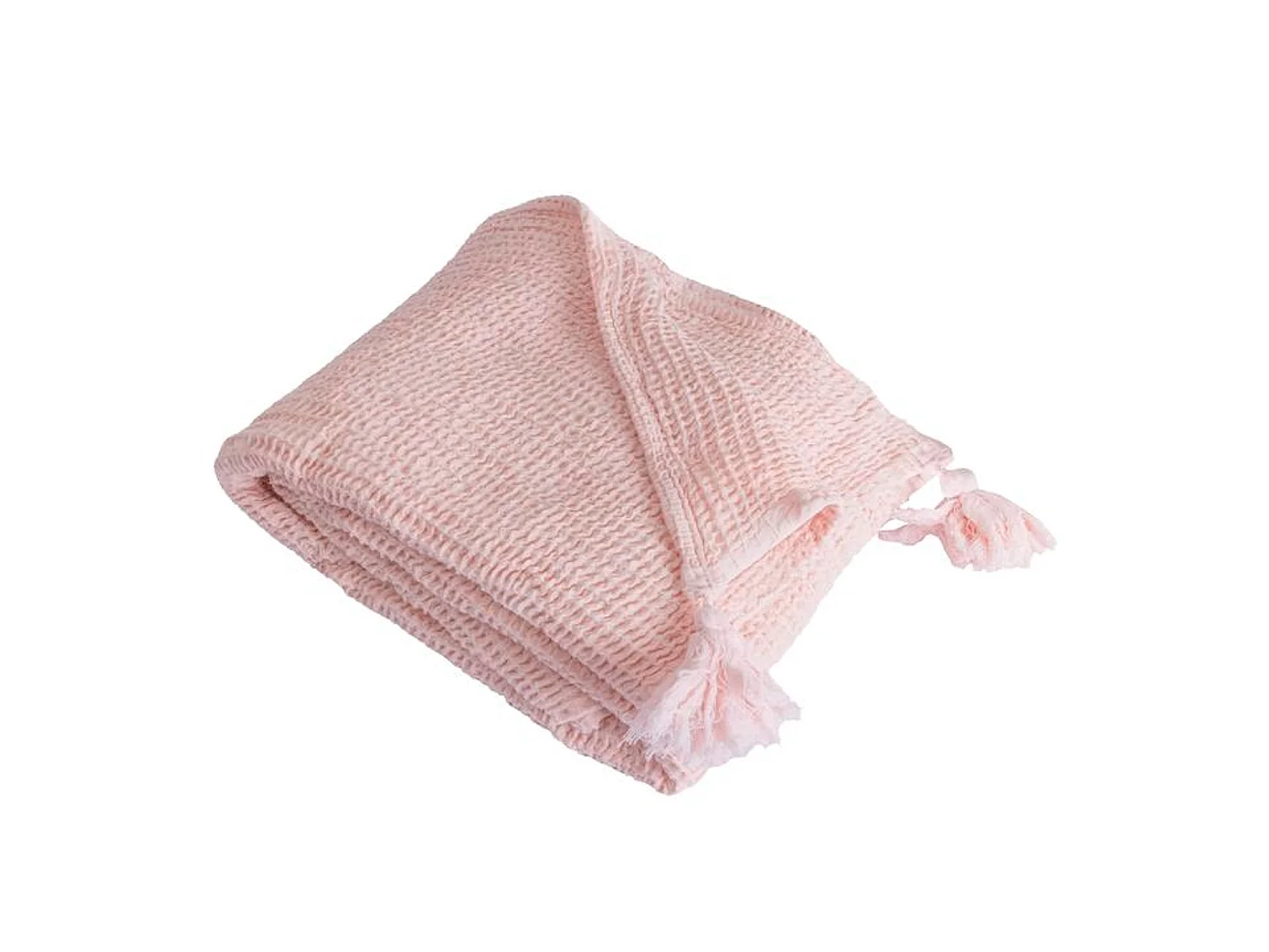 Couverture plaid 100% coton rose pâle avec pompons 130x170cm ARNISKA - SACASA