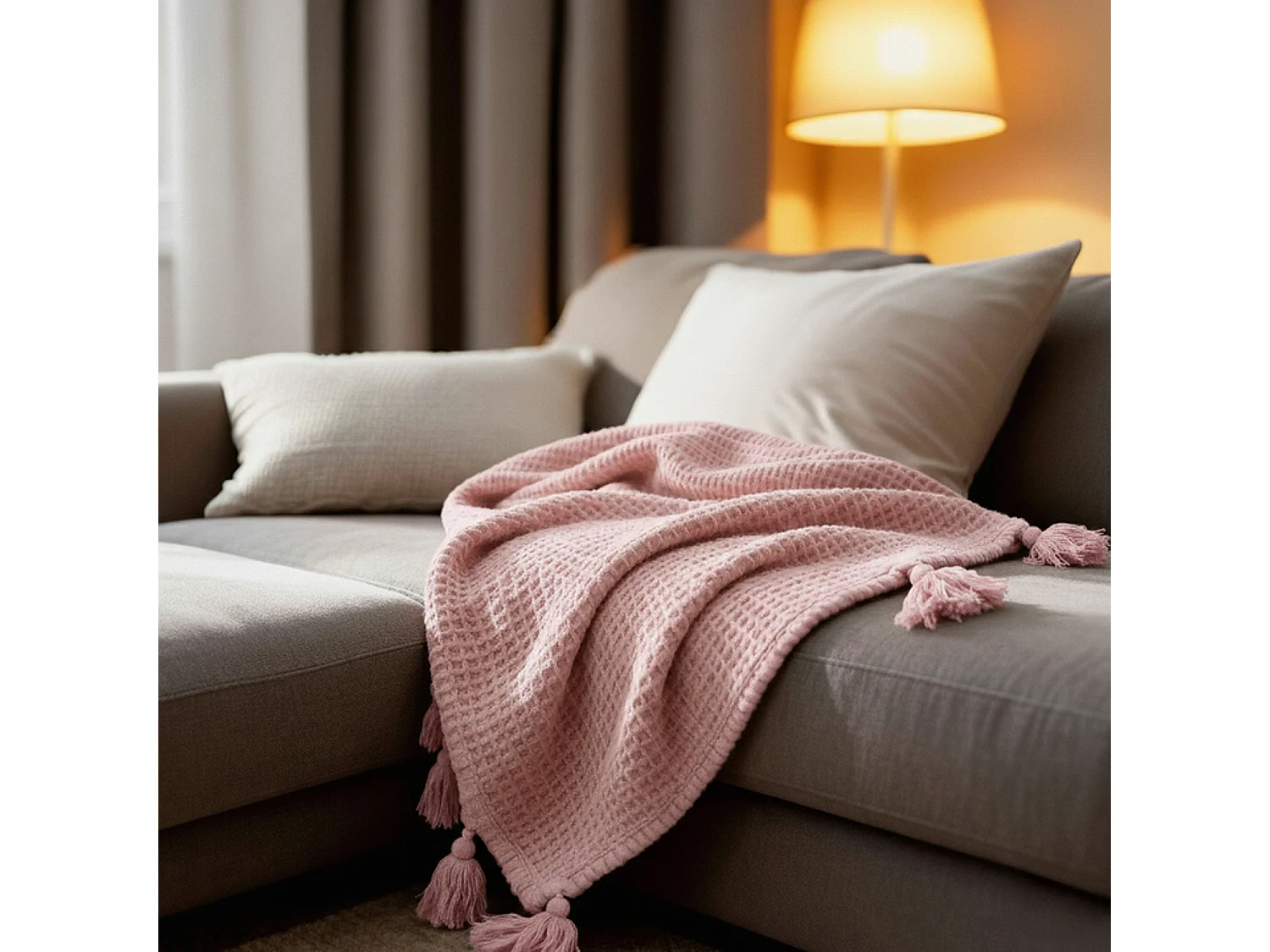 Couverture plaid 100% coton rose pâle avec pompons 130x170cm ARNISKA - SACASA