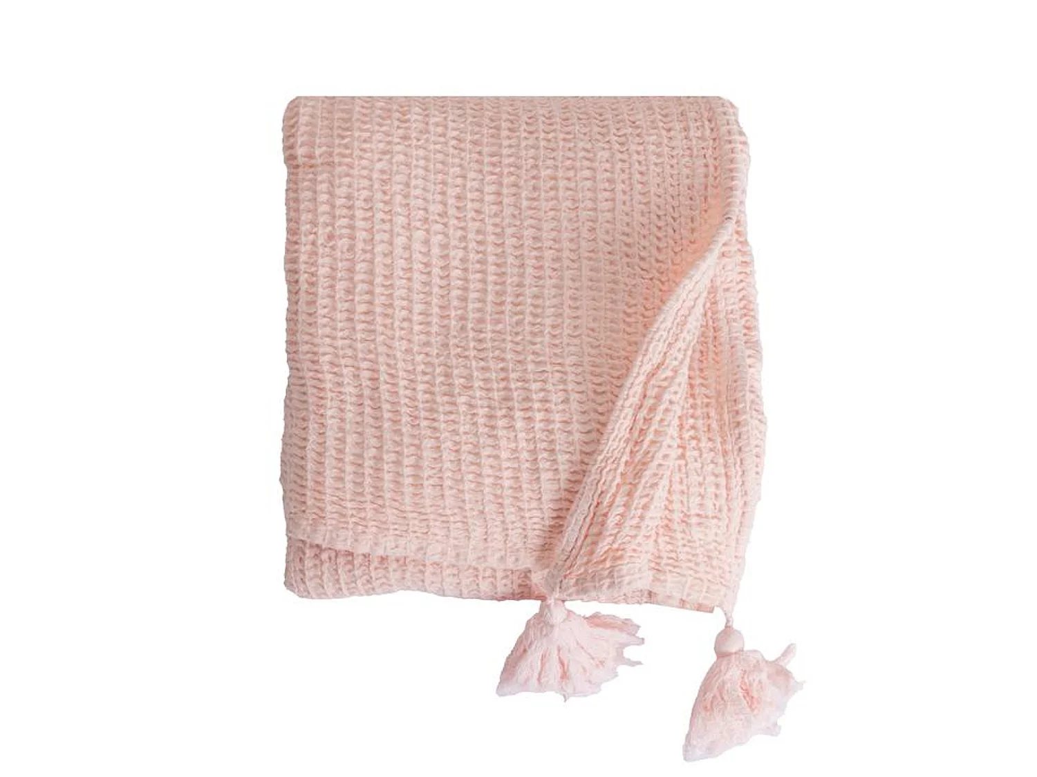 Couverture plaid 100% coton rose pâle avec pompons 130x170cm ARNISKA - SACASA