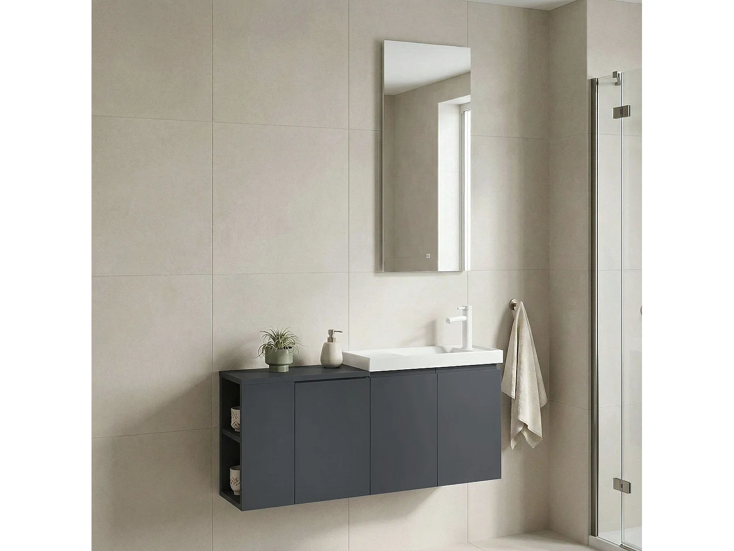 Ensemble Meuble Vasque avec Miroir (2 Pièces) "Ferla 110" - 40 x 22 x 45 cm - Matte Anthracite