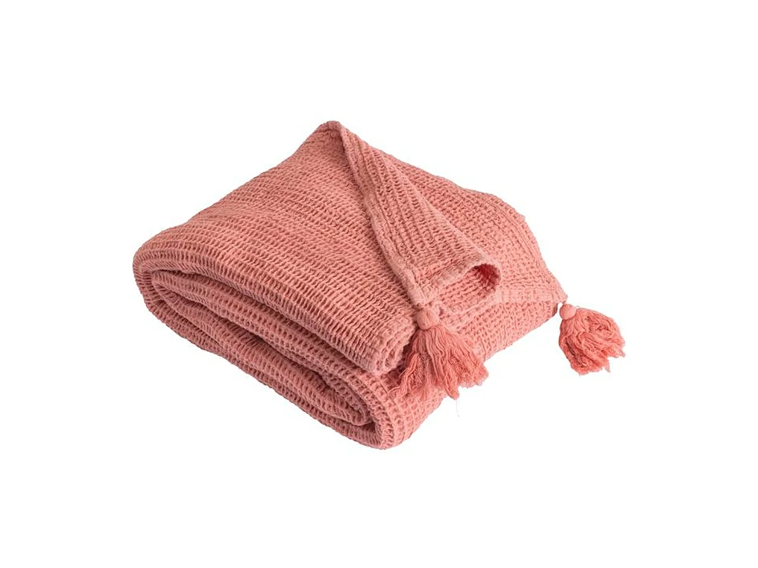 Couverture plaid 100% coton rose saumon avec pompons 130x170cm ARNISKA - SACASA