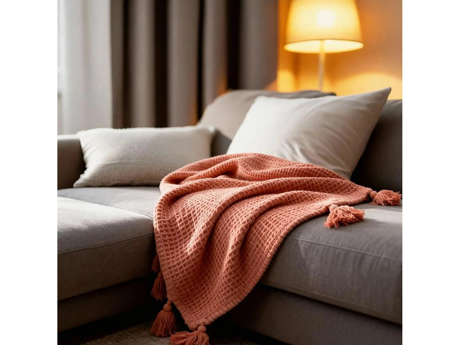 Couverture plaid 100% coton rose saumon avec pompons 130x170cm ARNISKA - SACASA