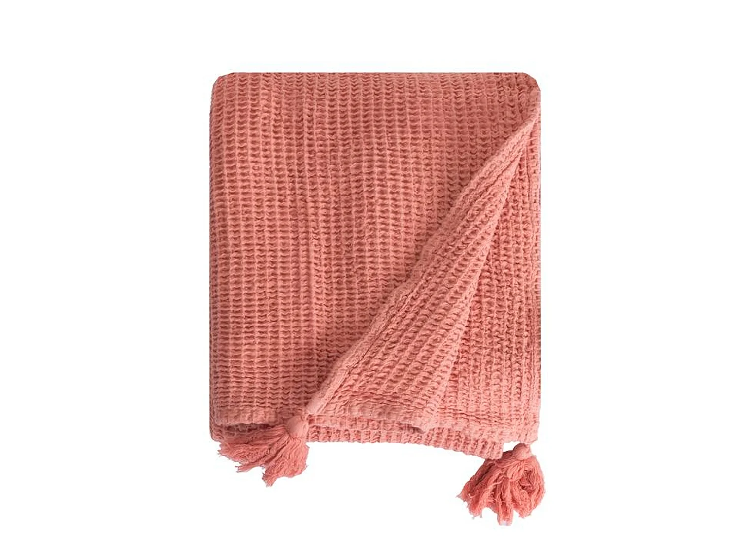 Couverture plaid 100% coton rose saumon avec pompons 130x170cm ARNISKA - SACASA