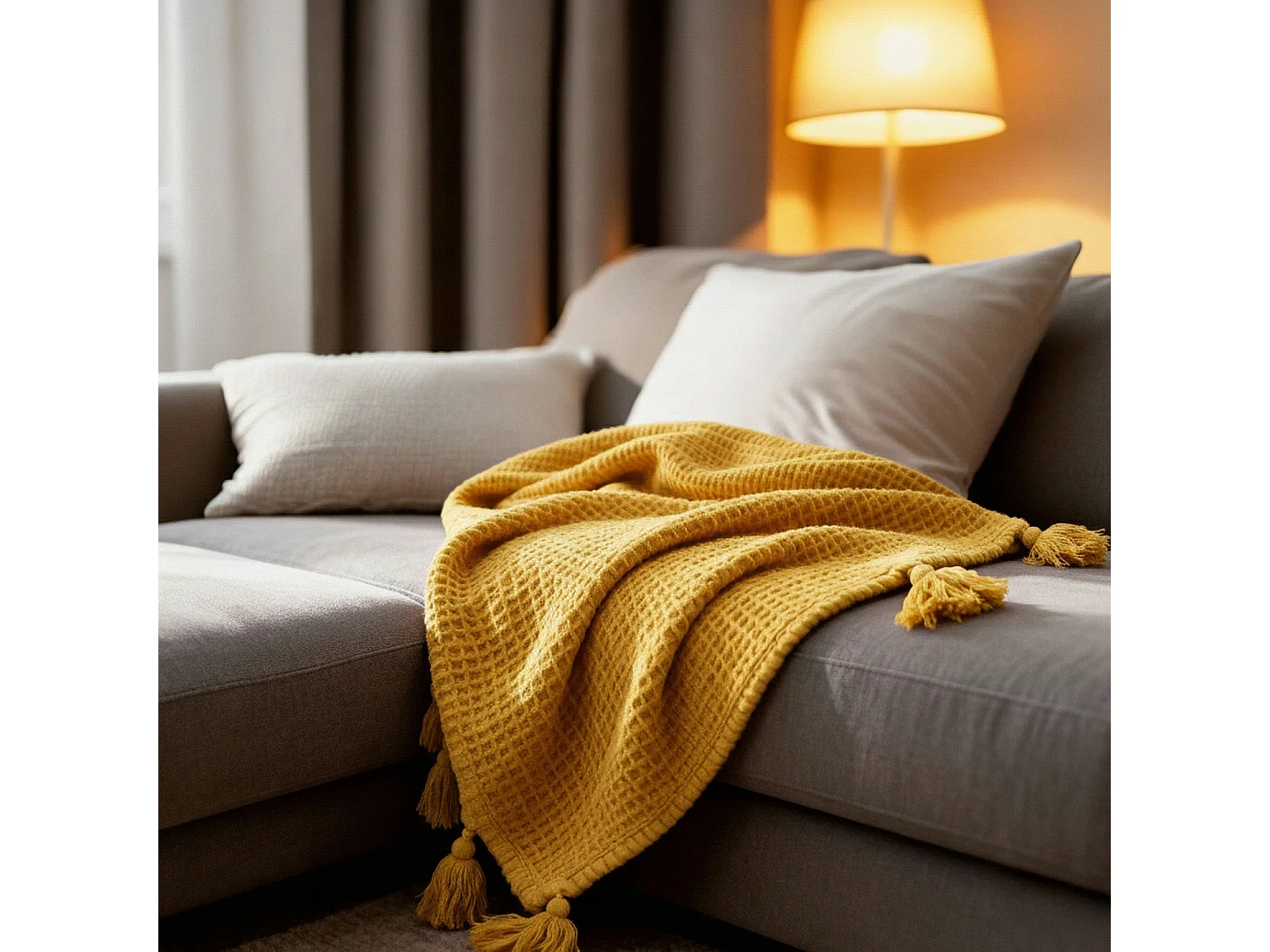 Couverture plaid jaune en coton 100% avec franges 130x170 cm ARNISKA - SACASA