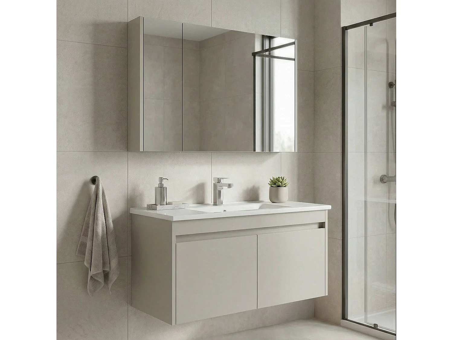 Ensemble Meuble Vasque avec Miroir (2 Pièces) "Arno 100" - 100 x 45 x 52 cm - Cashmere