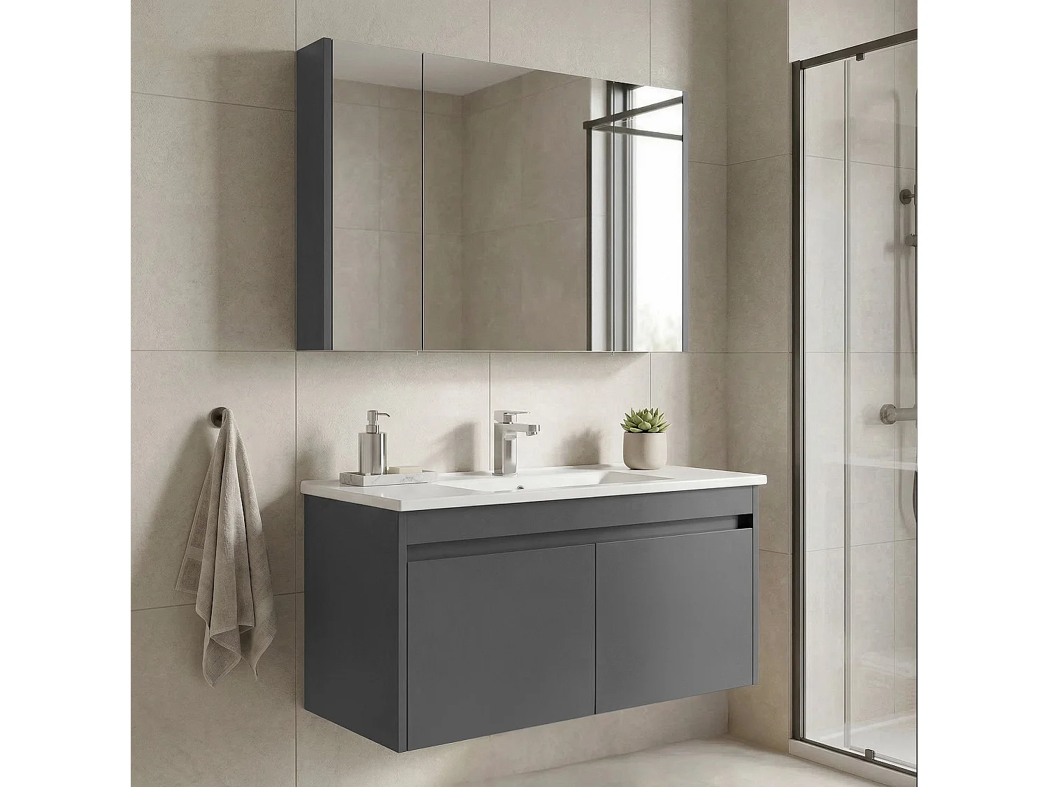 Ensemble Meuble Vasque avec Miroir (2 Pièces) "Arno 100" - 100 x 45 x 52 cm - Grey
