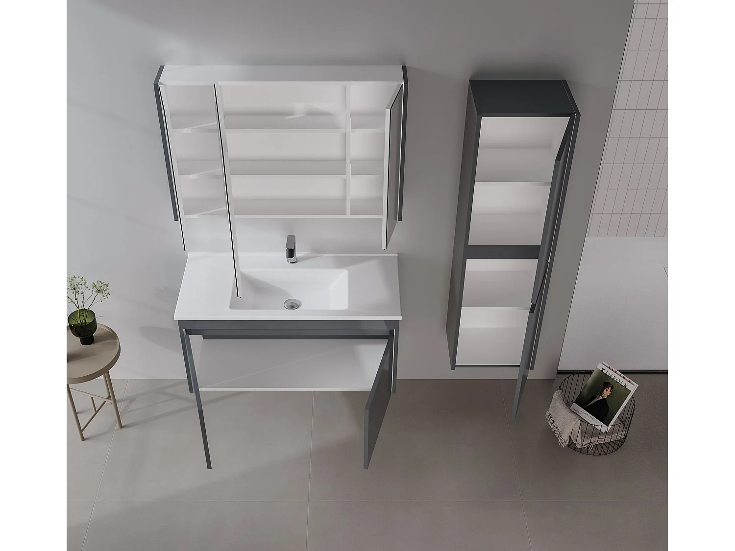 Ensemble Meuble Vasque avec Miroir (2 Pièces) "Arno 100" - 100 x 45 x 52 cm - Grey