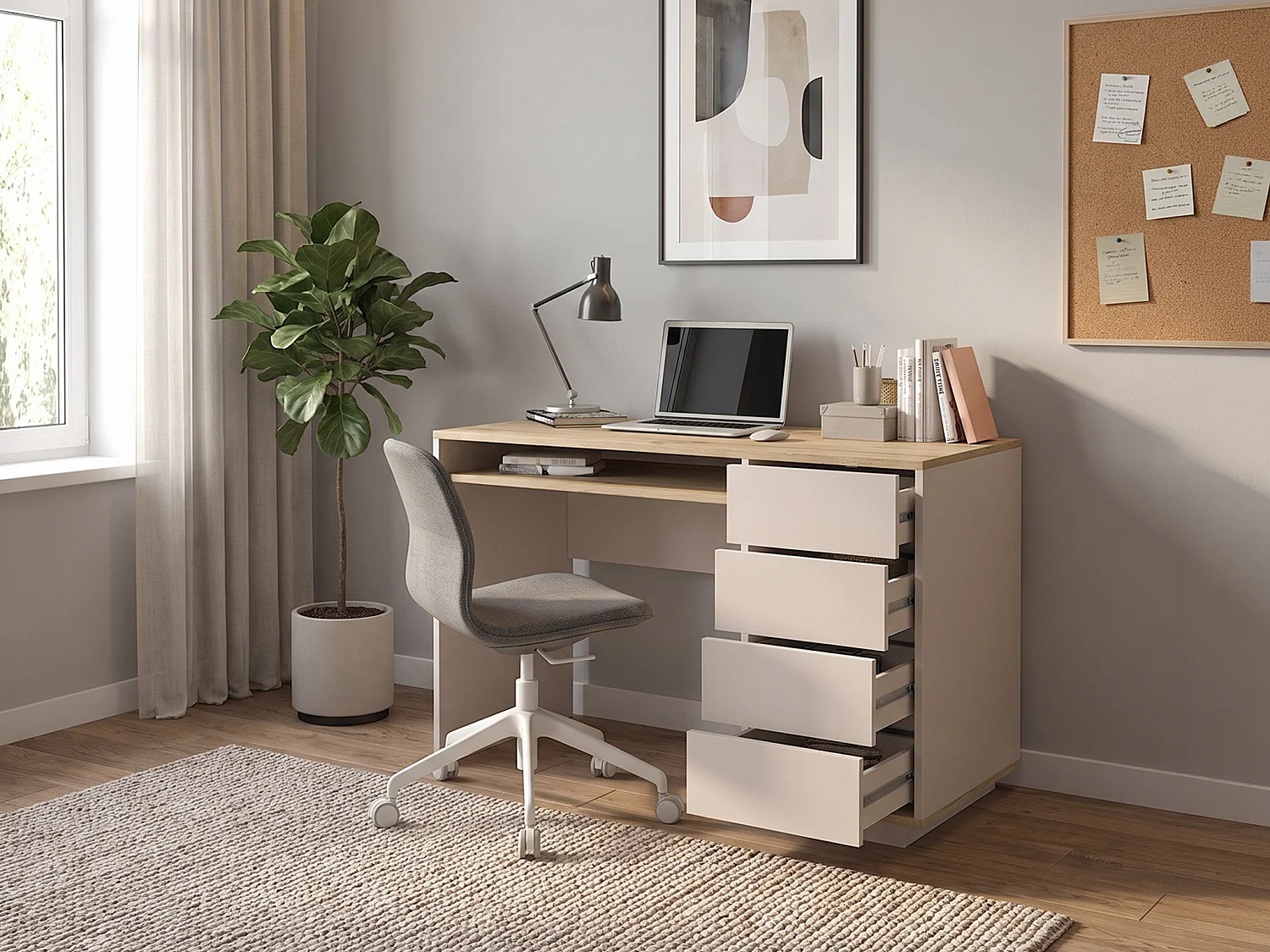 Bureau avec 4 tiroirs et 1 niche – Beige et naturel – LOTULA