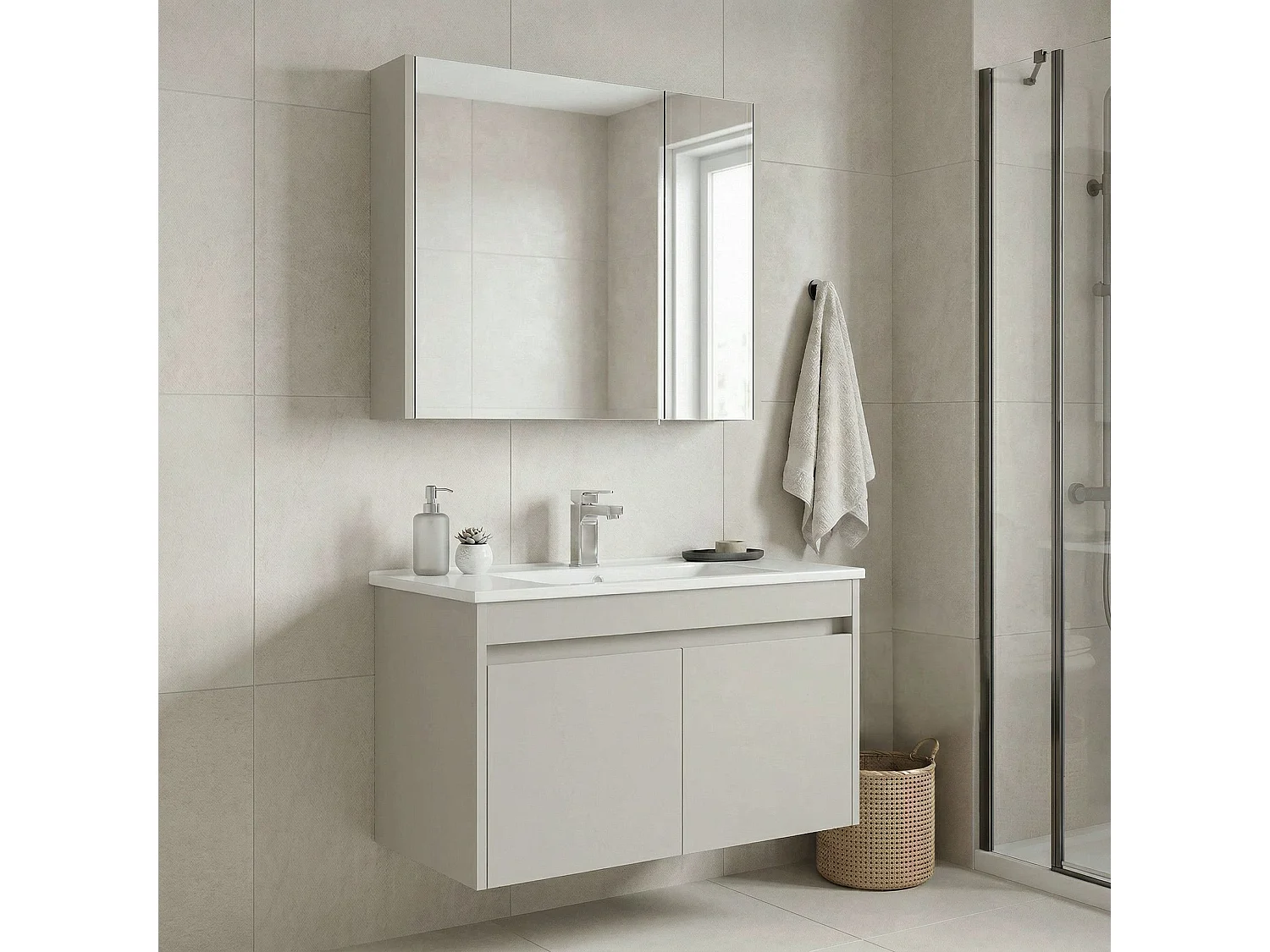 Ensemble Meuble Vasque avec Miroir (2 Pièces) "Arno 85" - 85 x 45 x 52 cm - Cashmere