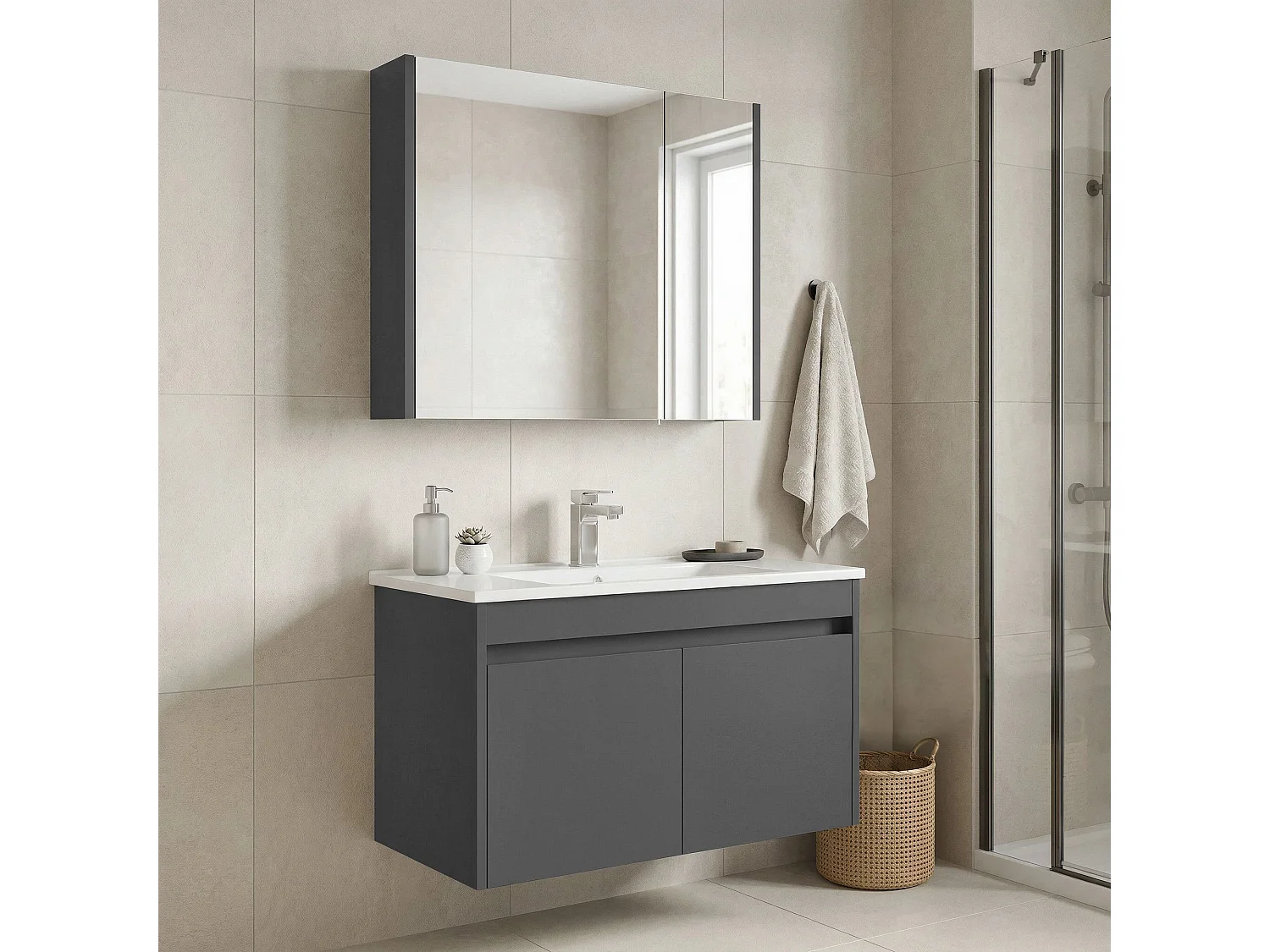 Ensemble Meuble Vasque avec Miroir (2 Pièces) "Arno 85" - 85 x 45 x 52 cm - Grey