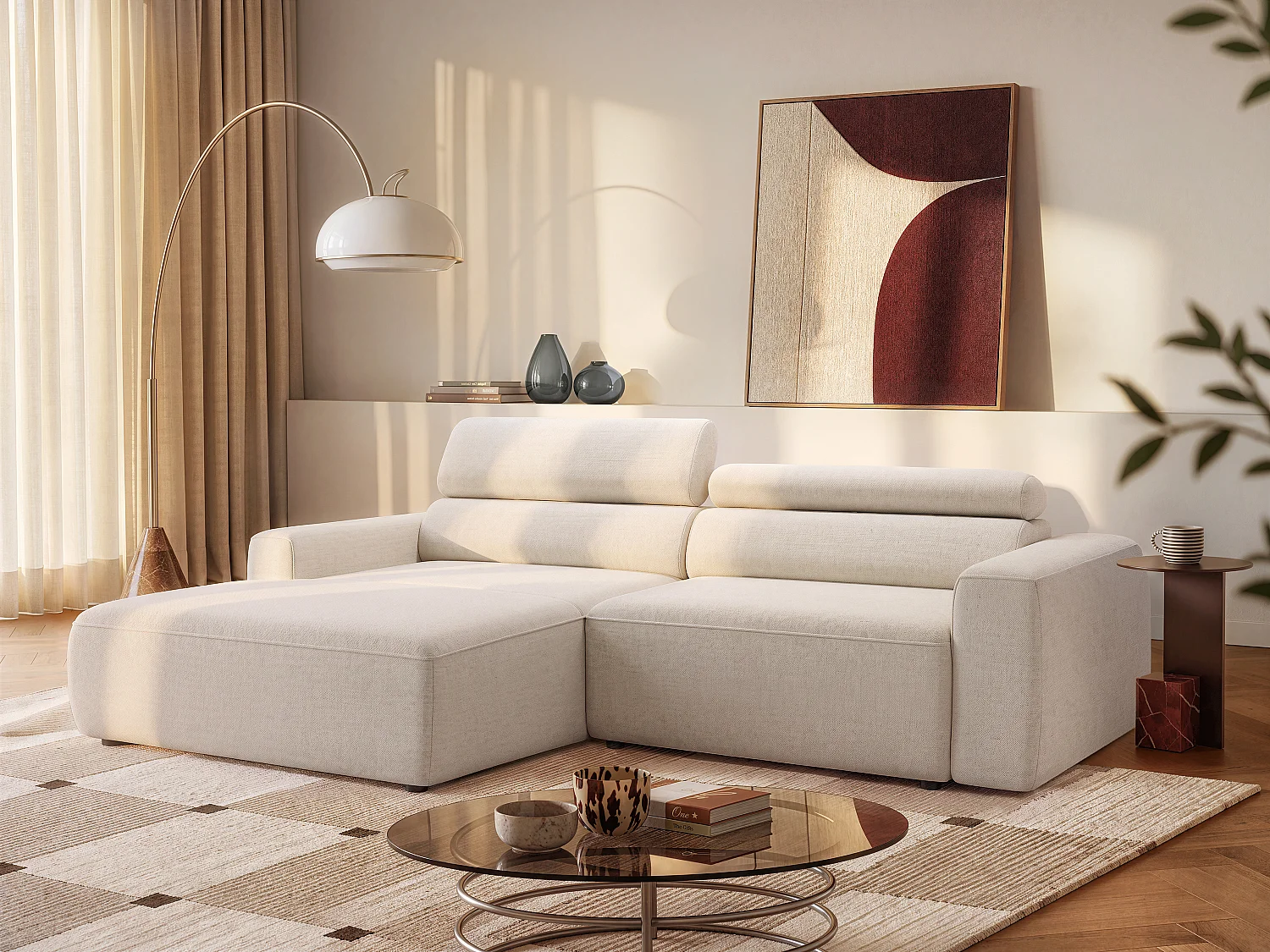 Canapé d'angle gauche avec assise coulissante électrique en tissu chenille beige TONALIO