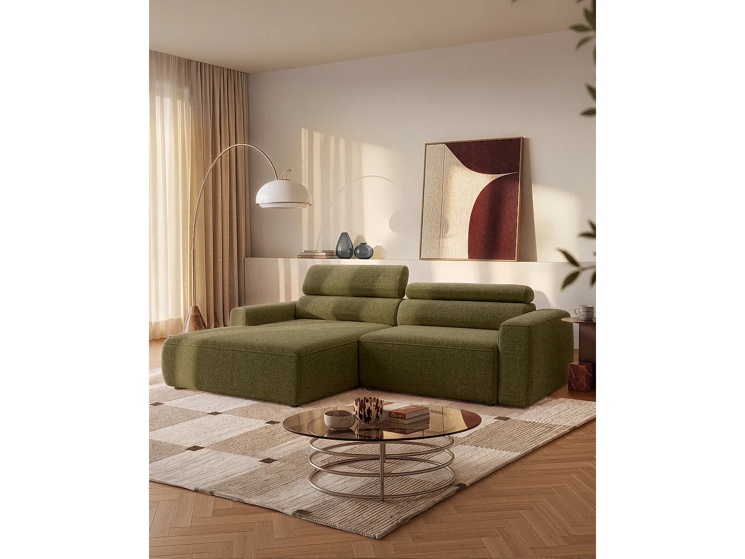 Canapé d'angle gauche avec assise coulissante électrique en tissu chenille vert kaki TONALIO