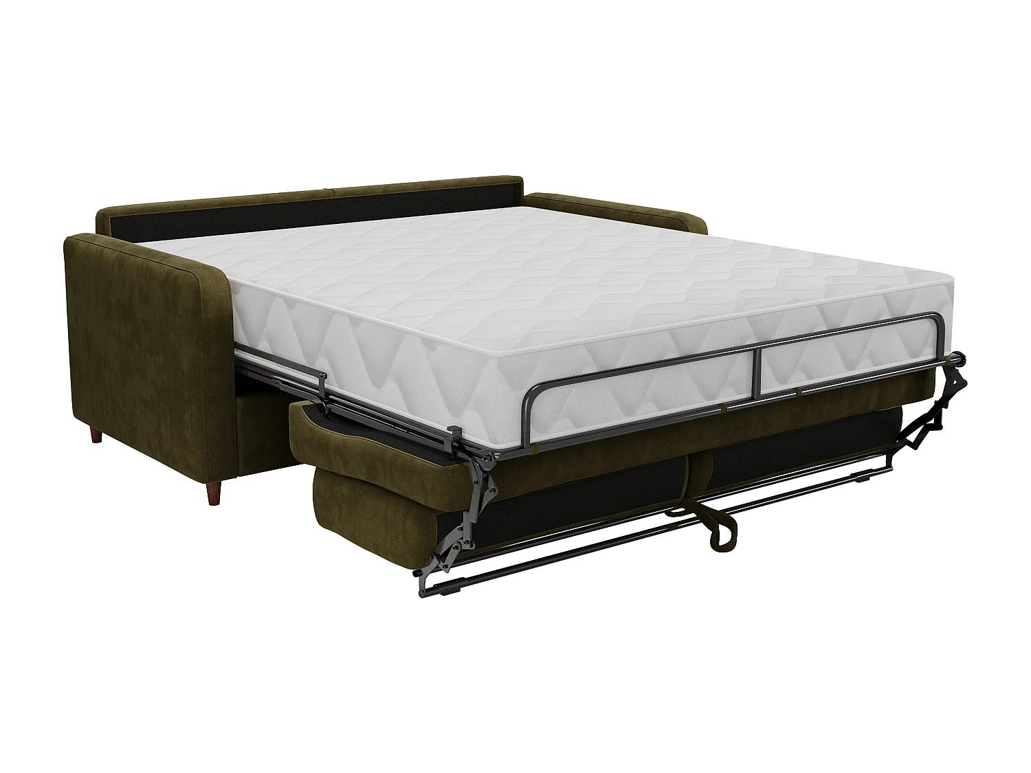 Canapé 3 places convertible express en tissu vert kaki - couchage 140 cm - matelas 20 cm à mémoire de forme - MASITIA