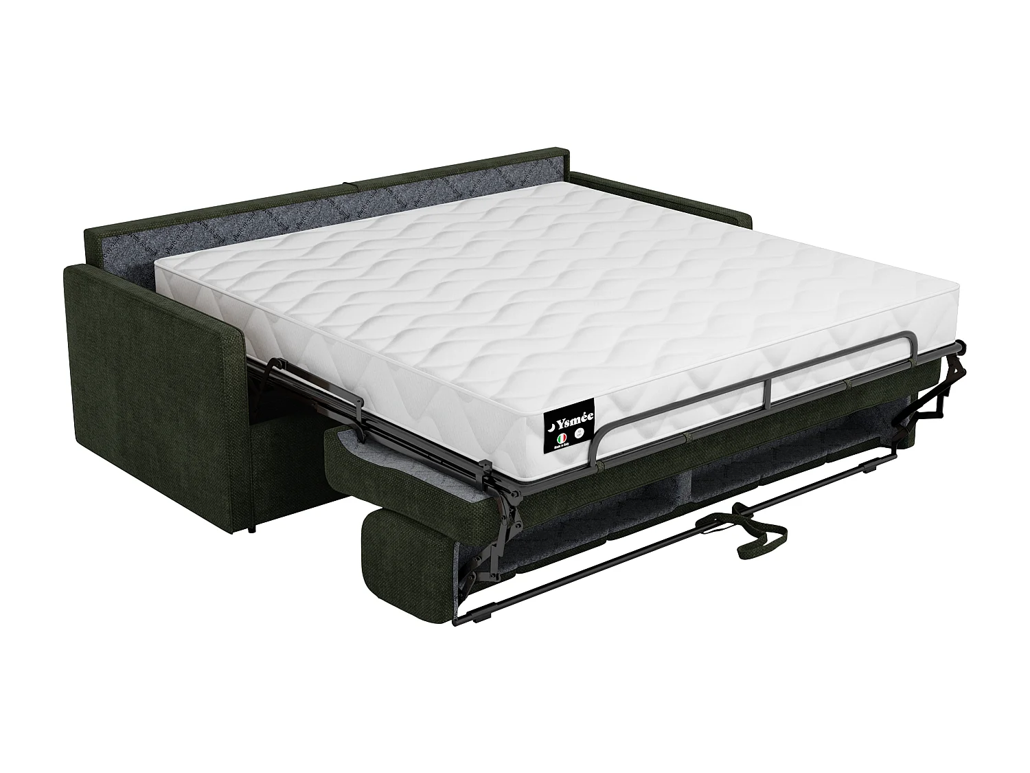 Canapé 3 places convertible express en tissu vert sapin avec assise mémoire de forme - Couchage à lattes larges 140 cm - Matelas 14 cm CALIFE
