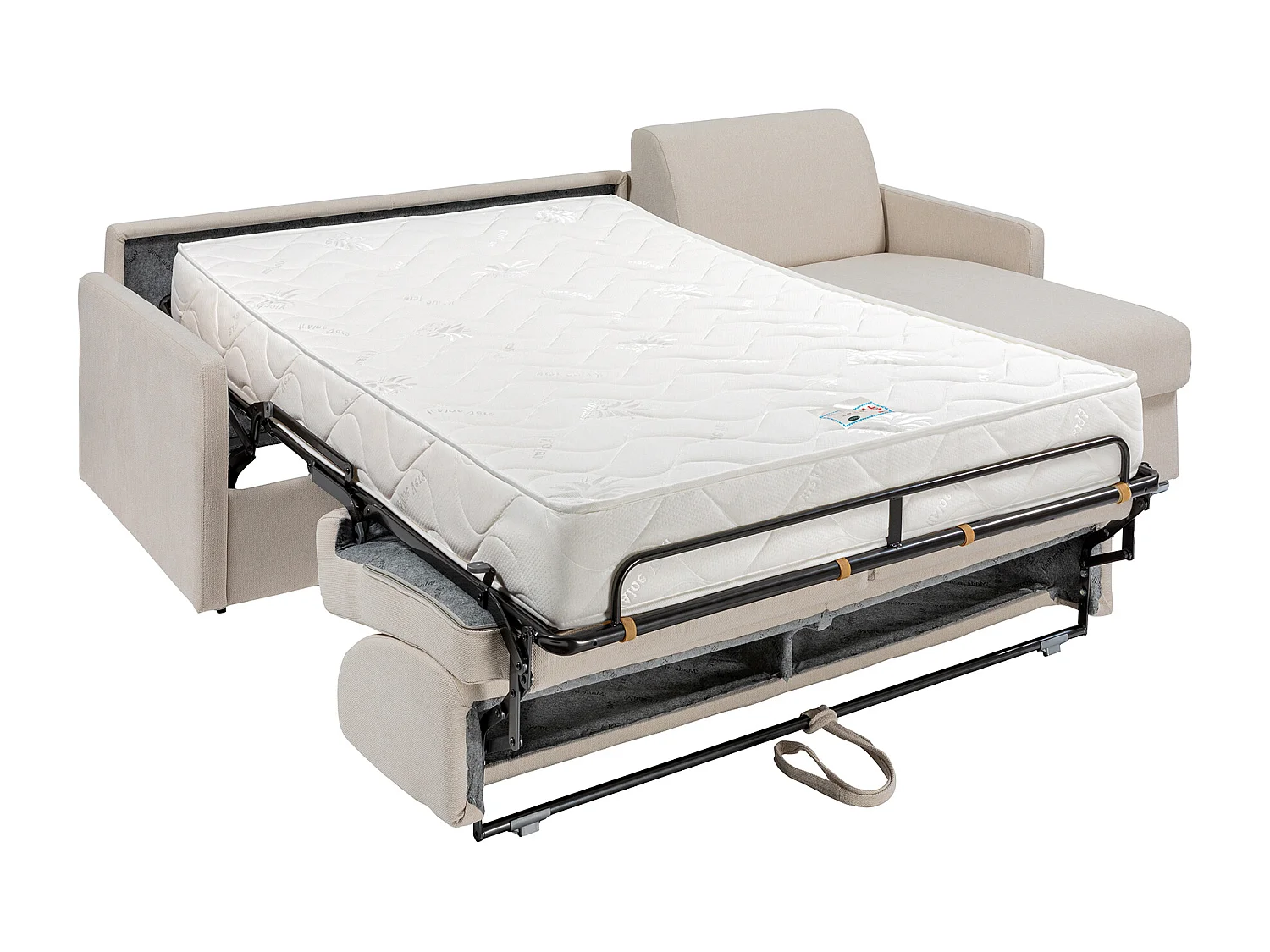 Canapé d'angle convertible express et réversible en tissu texturé beige avec assise mémoire de forme - Couchage à lattes larges 160 cm - Matelas 22 cm à mémoire de forme - CALIFE
